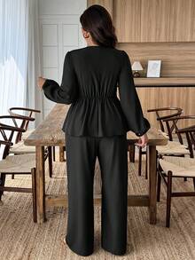 Weeklong Damen Große Größen V-Ausschnitt Pailletten Patchwork Rüschen Saum Schleife 2-teiliges Set, Herbst/Winter - Schwarz - Übersicht 2