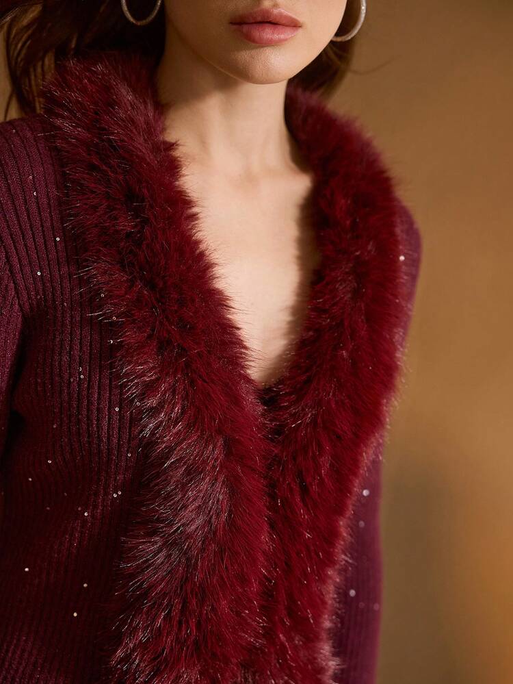 ELEGANT FITTED SEQUIN FUR COLLAR CARDIGAN, AUTUMN/WINTER