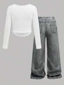 SHEIN Girlism 青少年女孩都市休闲不对称下摆 U 领长袖 T 恤和牛仔效果裤 2 件套 - 白色 - 查看 2