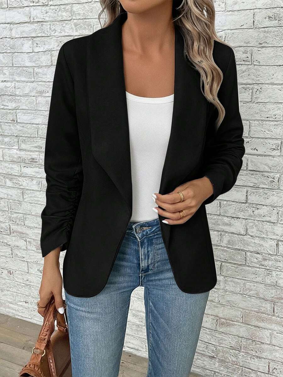 EMERY ROSE 女式纯色垂领褶饰长袖休闲办公室西装外套，秋季 - 黑色 - 查看 1