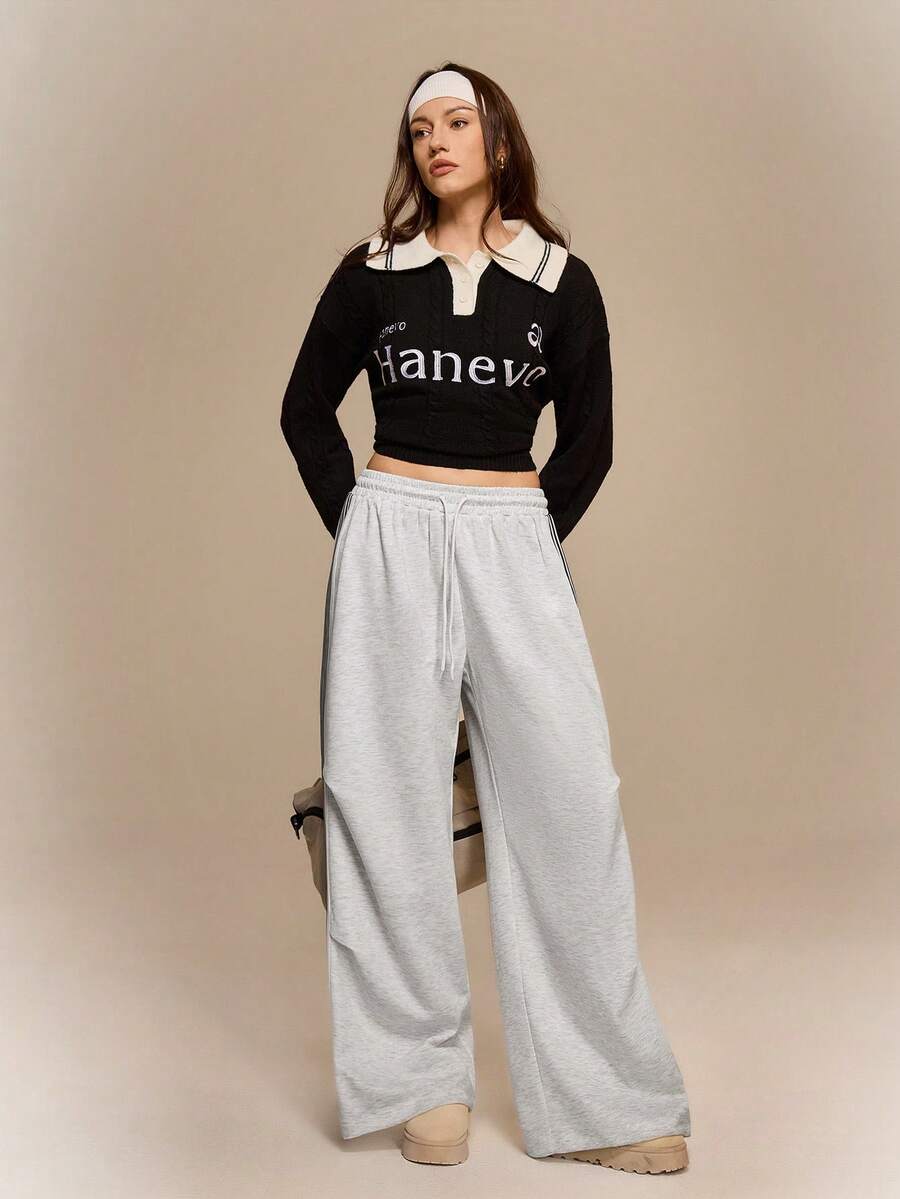 女士时尚休闲学院风抽绳腰带松紧腰褶皱宽松运动裤，适合日常穿着、运动装、返校穿搭 - 灰色 - 查看 1