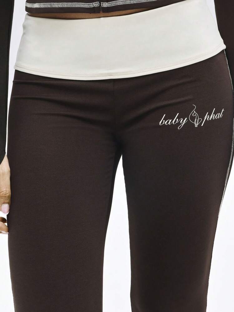 BABYPHAT Contrast Detail Flare Leggings With White Piping Cat Print High Rise Bell Bottom Wide Leg Pants