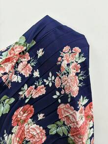 Elenzga 大码女士优雅浪漫碎花长袖V领褶皱飘逸长裙，适合派对、婚礼宾客、春秋季穿着 - 寶藍色 - 查看 6