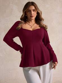 Elegantrix 大码女式甜心领方领荷叶边下摆休闲衬衫 - 酒紅色 - 查看 4