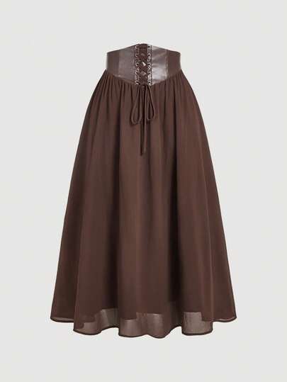 SHEIN MOD Große Größen Braun Retro Palast Design Rüschen Saum Chiffon Rock, Urlaub, lange Röcke für Frauen. Hoher Bund Röcke für Frauen