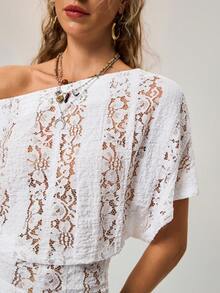 Freevana Women's Floral Lace Batwing Short Sleeve Cropped Fashionable T-Shirt Boho Women Clothing Country Sheer Top Romantic Lace Lacey Top - White - View 7