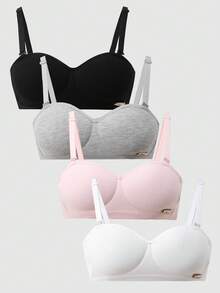 4件套少女文胸，无钢圈文胸，专为发育中的胸部设计，舒适防下垂，可调节肩带，不可拆卸胸垫，适合13-16岁女孩。
