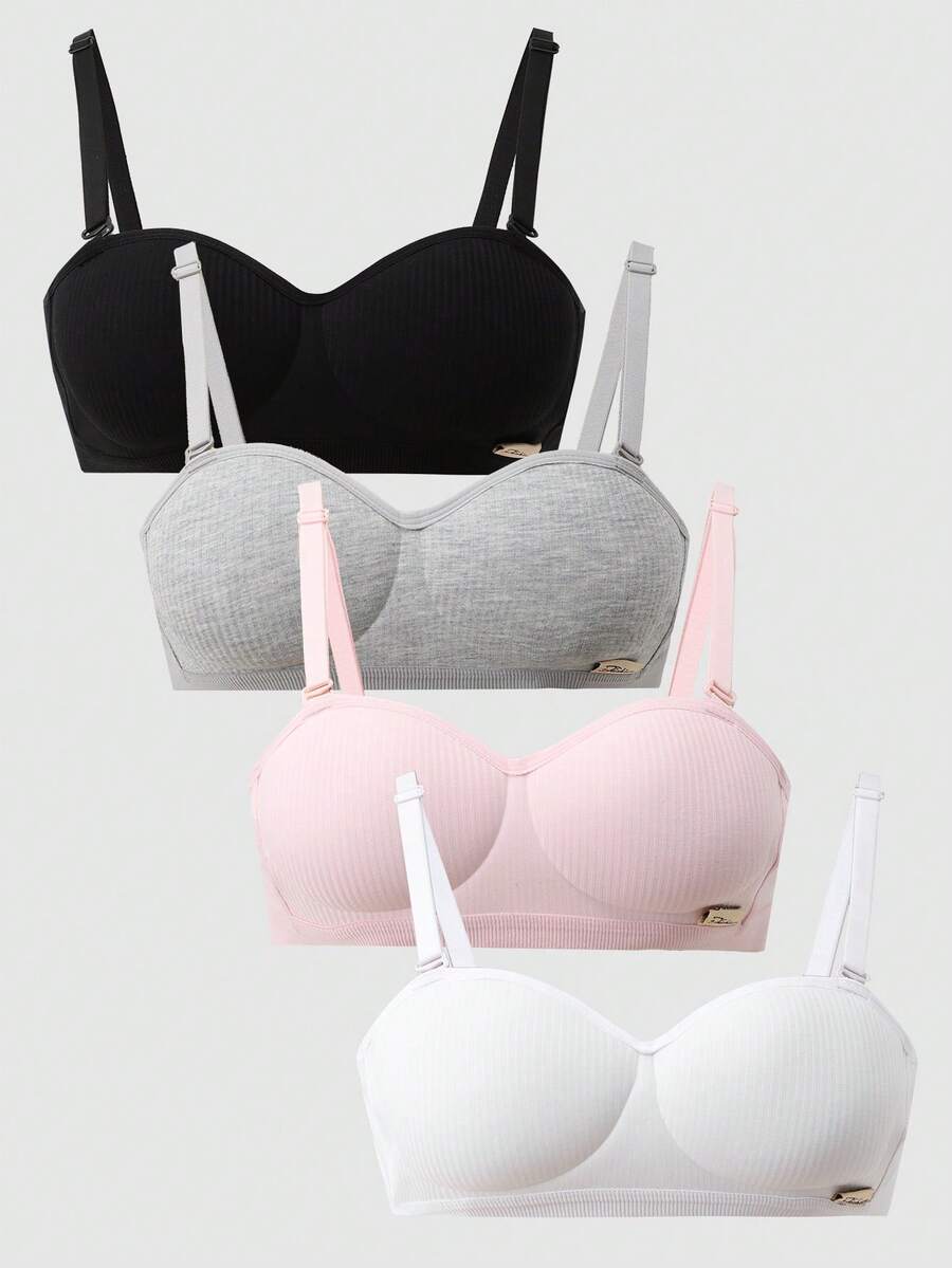 4件套少女文胸，无钢圈文胸，专为发育中的胸部设计，舒适防下垂，可调节肩带，不可拆卸胸垫，适合13-16岁女孩。