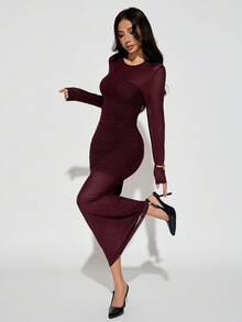 SHEIN PETITE Women's Elegant Burgundy Autumn Evening Dress,Solid Color Round Neck Long Sleeve Pleated Mesh Slim Fit Tight Long Formal Dress For Birthday Party ,Petite Women - Burgundy - View 13