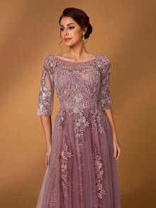 Serin Vestido de lujo con aplicaciones, cuello redondo, manga 3/4, encaje y malla, bajo en línea A, elegante y romántico para fiesta de noche, cita, boda, festival de música, adecuado para novia y madre, Día de San Valentín - Rosa vieja - Ver 6