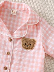 Cozy Pixies 2pcs Baby Girl Cartoon Bear Patch Pattern Lapel Long Sleeve Cardigan Top And Elastic Waist Pants Set - Pink - View 8