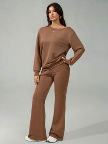 SHEIN Tall 女士秋冬基础款针织纯色灰色宽松露肩不对称领长袖卫衣和喇叭裤运动套装，两件套 - 棕色 - 查看 3