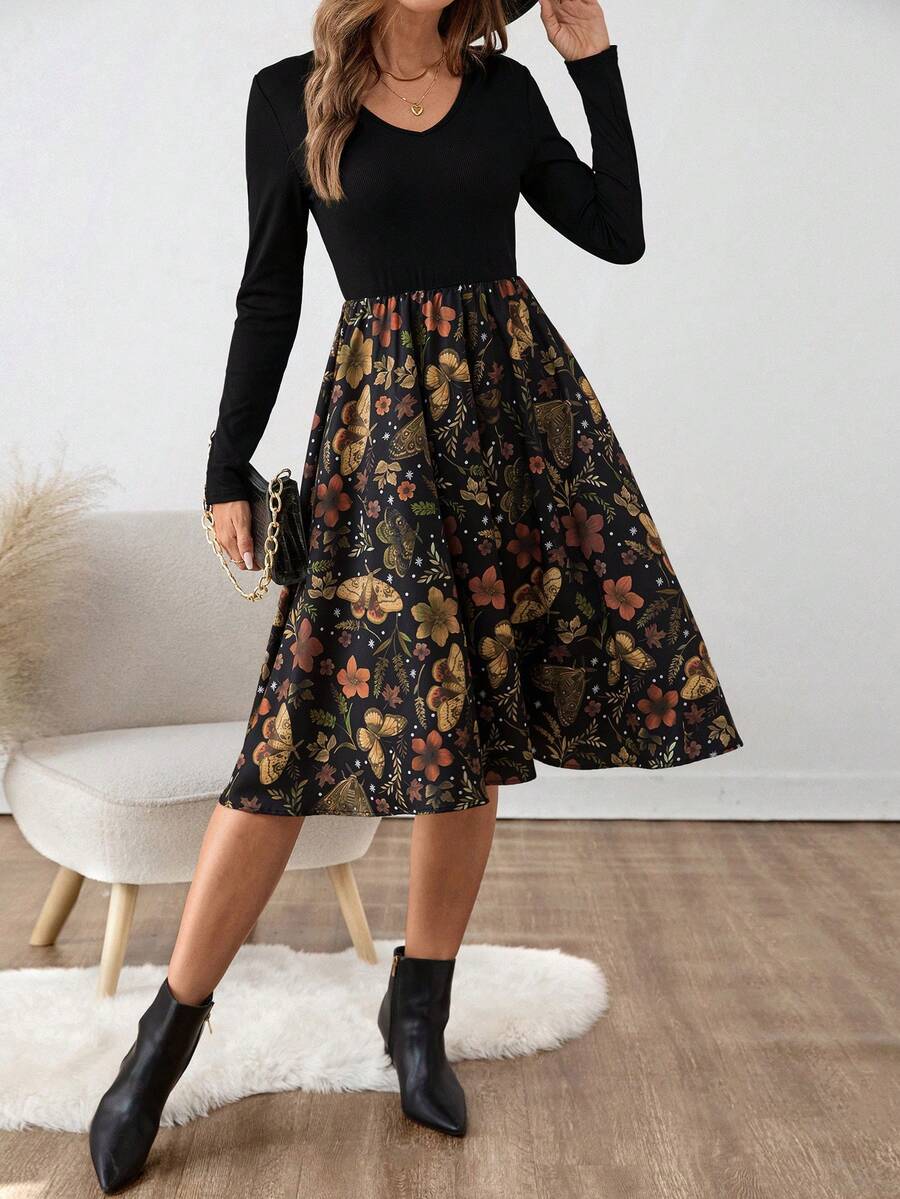 SHEIN Clasi 女士优雅印花黑色连衣裙,适合通勤和休闲穿着,秋冬季 - 黑色 - 查看 1