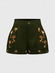 ROMWE Hippie Pantalones cortos casuales holgados con bordado floral para mujer de talla grande - Verde militar - Ver 6