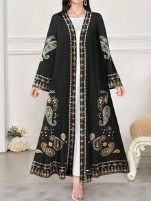 SHEIN Najma 女士印花长袖休闲阿拉伯长袍，适合春秋季穿着 - 彩色 - 查看 1
