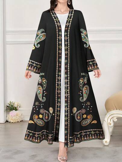 SHEIN Najma 女士印花长袖休闲阿拉伯长袍，适合春秋季穿着