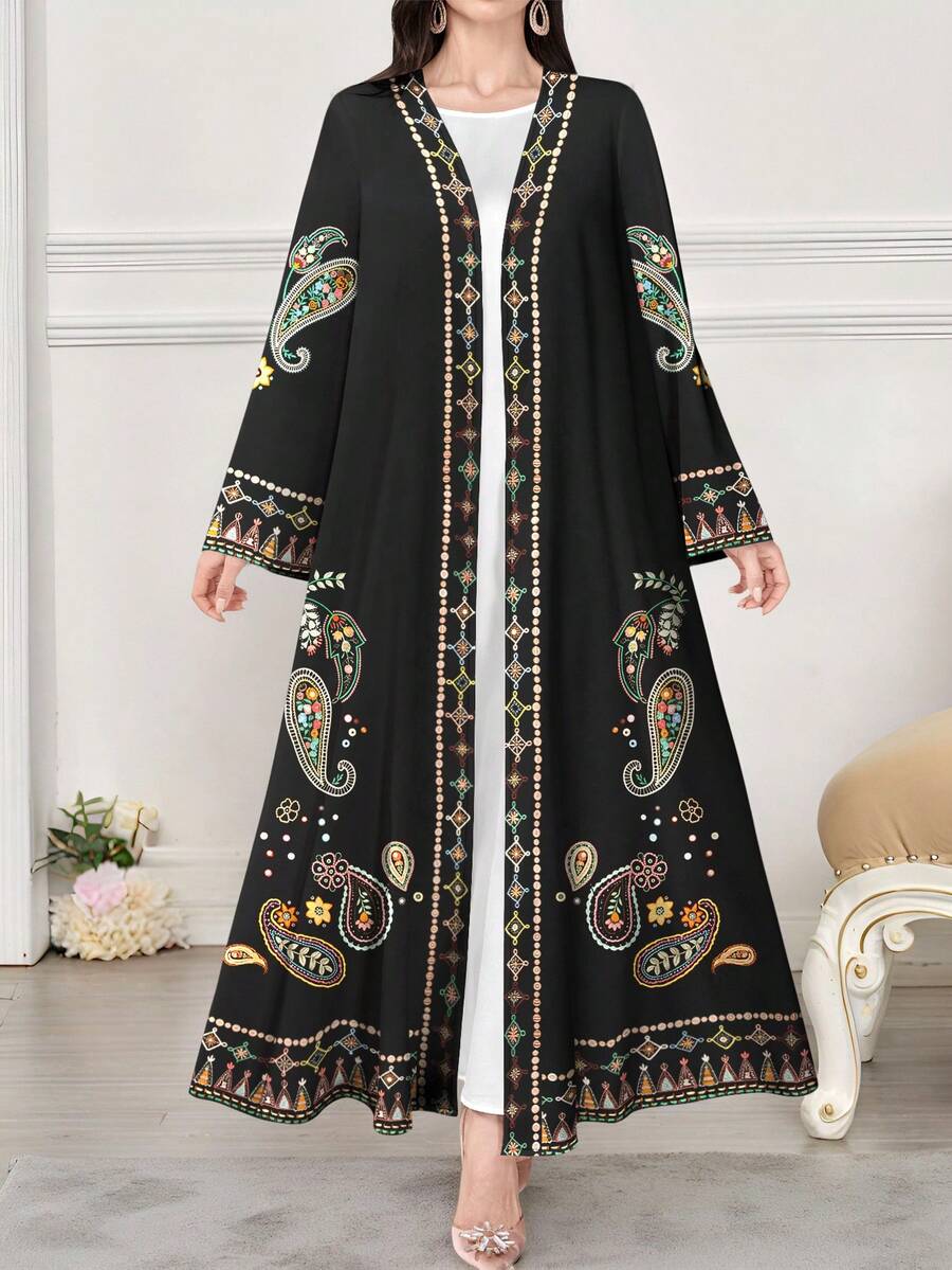 SHEIN Najma 女士印花长袖休闲阿拉伯长袍,适合春秋季穿着 - 彩色 - 查看 1
