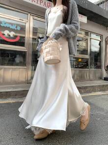 DAZY Women's Satin & Lace Patchwork Casual Loose Skirt