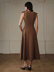 Chiquease Váy chữ A không tay cổ chữ V nhún bèo thu/đông, thiết kế tối giản, thắt eo, thanh lịch và đa năng - Cà phê - Xem 7