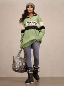 Activina Women's Colorblock Striped Letter Graphic Ski Sweater Ski Green White Black Oversize Fall Winter - Mint Green - View 6