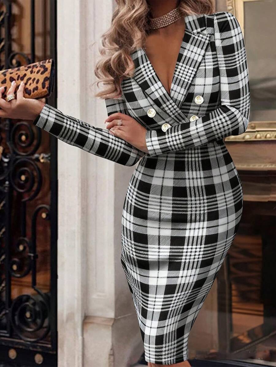 Balvessa 女士翻领长袖格子修身优雅迷你连衣裙 - 黑與白 - 查看 1