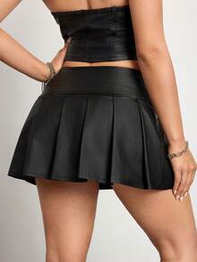 SHEIN Unity Falda mini plisada de talle alto con línea A, versátil y estilizadora, falda elegante de mujer con revestimiento negro - Negro - Ver 2