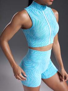 Powerista Women's Zebra Print Zip Front Vest And Shorts Sports Suit - Blue - View 1
