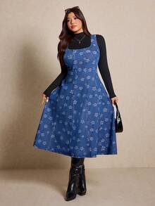 Elaquor Đầm denim cạp chun eo họa tiết hoa không tay cổ vuông thời trang cỡ lớn - Màu xanh lam - Xem 6