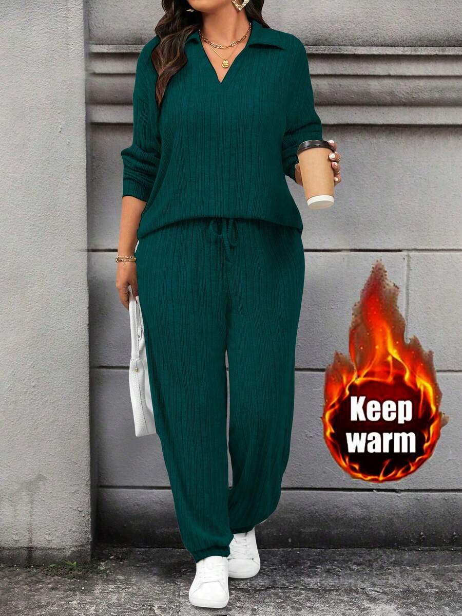Calvaya Plus Size Casual Solid Color Long Sleeve Top And Pants 2 Pieces Set, Autumn - Dark Green - View 1