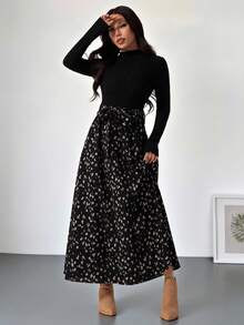 SHEIN PETITE 女士印花立领优雅长袖连衣裙，长款休闲连衣裙，动物纹印花长款连衣裙，端庄长款连衣裙，黑色系带腰身长款连衣裙，女士秋季服装，女士秋季连衣裙，女士连衣裙，女士优雅连衣裙，女士优雅连衣裙 - 黑色 - 查看 1