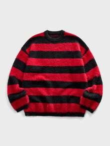 ROMWE MEN Grunge Punk 男士休闲圆领长袖黑红条纹毛衣，秋冬款 - 彩色 - 查看 1