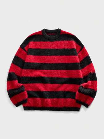 Street Life Maglione casual da uomo a girocollo, a maniche lunghe, a righe nere e rosse, adatto per l'autunno/inverno