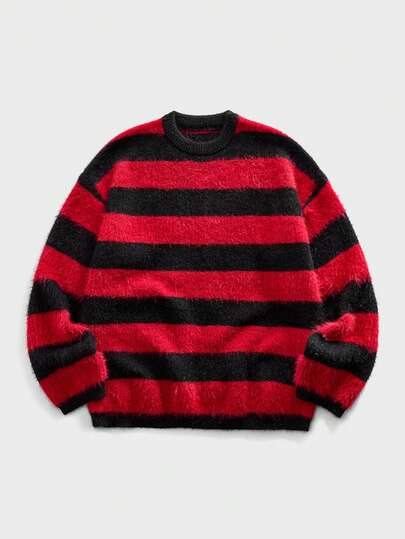 Street Life Maglione casual da uomo a girocollo, a maniche lunghe, a righe nere e rosse, adatto per l'autunno/inverno