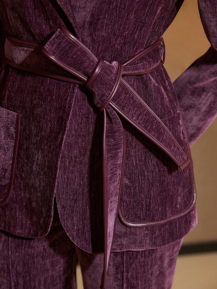 MOTF PREMIUM PU LEATHER CONTRAST TRIM LAPEL COLLAR BELTED BLAZER - Purple - View 2