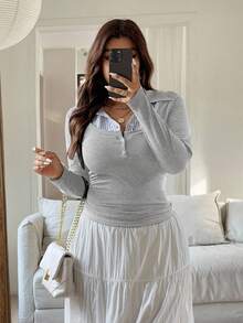 Vionelle Plus Size Women French Style Casual Patchwork Long Sleeve T-Shirt Cute Long Sleeve Top Women Long Sleeve Tops Light Grey Top Gray Tops Grey 2 Piece Set Gray Long Sleeve Top Summer Long Sleeve Tops - Light Grey - View 3