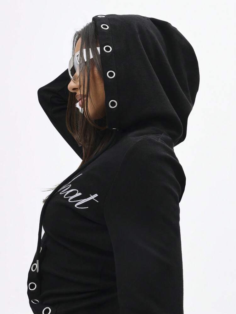 BABYPHAT Zip Through Hooded Mini Dress With Metal Eyelets Long Sleeve Winter Fall Streetwear Comfort