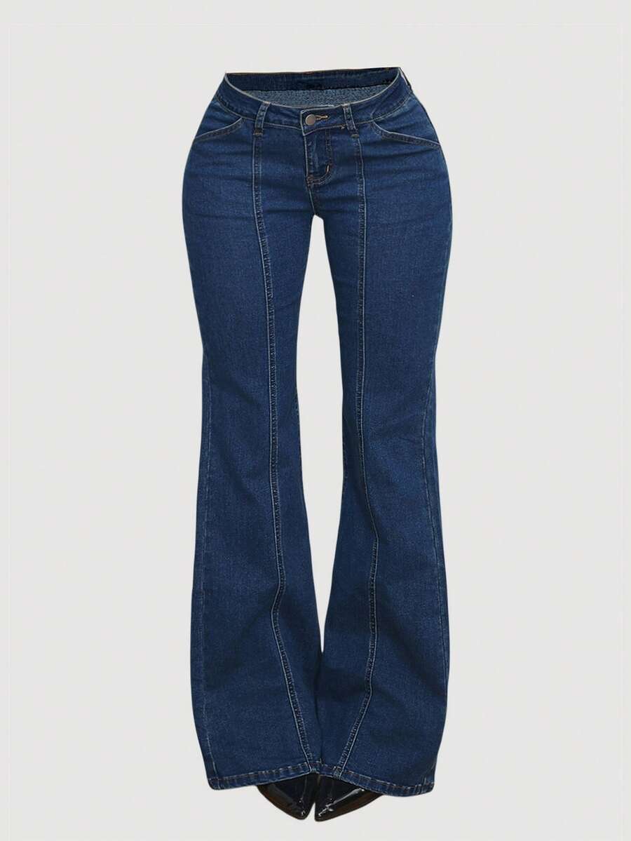 Sweetra Jeans anchos de cintura baja y desconstructivos con corte en V de moda y casual - Azul lavado medio - Ver 1