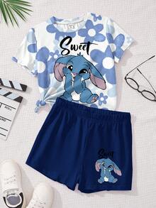 SHEIN Leap Crew Kawaii可愛卡通藍色兔子Lulu & Stitch圖案，藍色漸層花卉，青少年女孩休閒極簡短袖上衣與短褲2件套，適合夏季、戶外野餐、外出、街頭風、校園 - 彩色 - 查看 2
