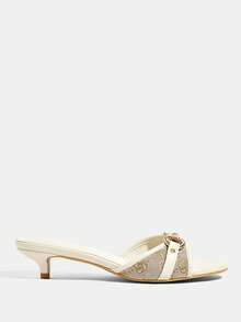 CUCCOO TILAWA Giày sandal đế thấp mũi tròn họa tiết hoa hồng PU màu be cho nữ, khóa vàng, phong cách retro - Màu be - Xem 3