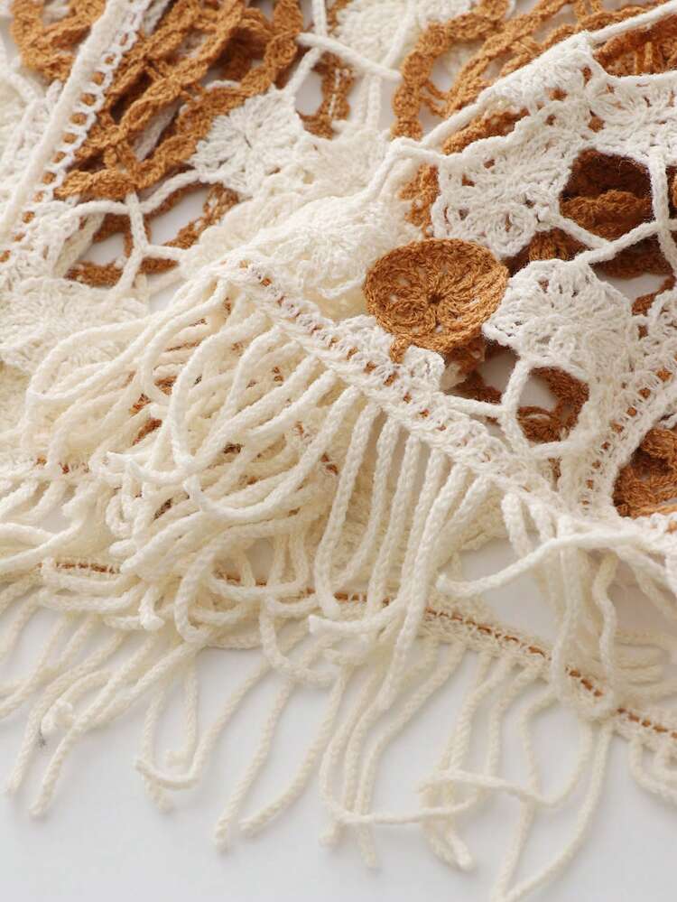 SHEIN Franclia Maglione asimmetrico lavorato a maglia, con blocchi di colore e nappe, copricostume vacanziero da donna - Cachi - Visualizzare 8