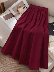 GlowEve CURVE Plus Size Solid Color Elegant Slim A-Line Skirt - Burgundy - View 2