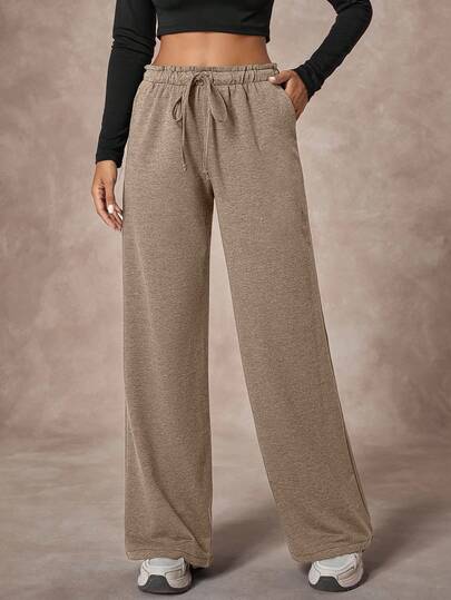 Women's Solid Elastic Waisted Drawstring Wide Leg Casual Sweatpants