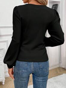 SHEIN Frenchy Women's Casual Elegant Ruched Bust Puff Sleeve Fitted Long Sleeve T-Shirt, Suitable For Autumn/Winter Spring - Multicolor - View 2