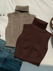 Comfortcana 2pcs/Set Casual Solid Color Turtleneck Sleeveless Knit Top, Versatile For Autumn/Winter - Multicolor - View 4