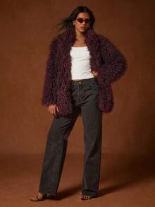SHEIN Glamour Classic Solid Color Fashionable & Versatile Warm Wool Blend Jacket For Winter - Burgundy - View 3