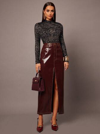 Silquee Camiseta de manga larga para mujer con cuello alto, estampado animal y efecto aterciopelado en rojo, burdeos, burdeos, vino tinto, para otoño/invierno, elegante para fiesta, cita, discoteca, boda, San Valentín, Navidad