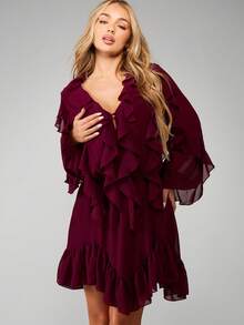 MISSGUIDED Burgundy Chiffon Ruffle Detail V-Neck Long Sleeve Mini Dress With Tiered Frills And Bell Sleeves For Fall Winter Party Occasions - Burgundy - View 1