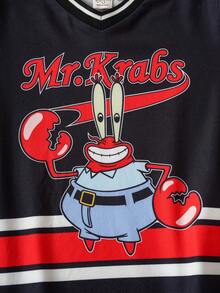 SpongeBob SquarePants | SHEIN Áo thun tay dài cổ chữ V họa tiết hoạt hình sọc tương phản màu sắc cho bé trai - màu đen - Xem 4