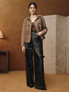 Anewsta 女士优雅派对休闲时尚刺绣设计棕色牛仔衬衫外套，适合春秋季穿着 - 卡其色 - 查看 7