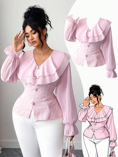 Elenzga Elegant och trendig blus i plusstorlek för kvinnor, dubbelt lager med volang och V-ringning, lämplig för vardags- och festkläder